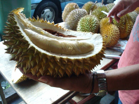 Maleisië - De koop van een durian in Sarawak Borneo