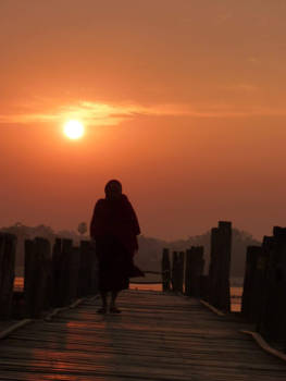 Myanmar - Monk on wooden bridge