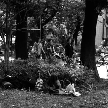 Tokio - Contrast in Tokyo: festivalgangers passeren een dakloze achter de bosjes.