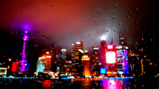 Shanghai - Shanghai skyline bewonderen vanachter regenachtig glas