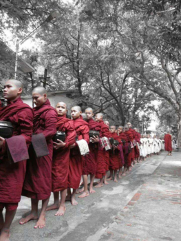 Myanmar - Monniken in de rij voor het ochtendmaal